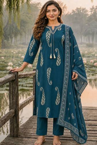 women ethnic motifs printed regular thread work  cotton kurta with trousers & with dupatta