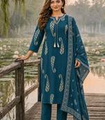 women ethnic motifs printed regular thread work  cotton kurta with trousers & with dupatta