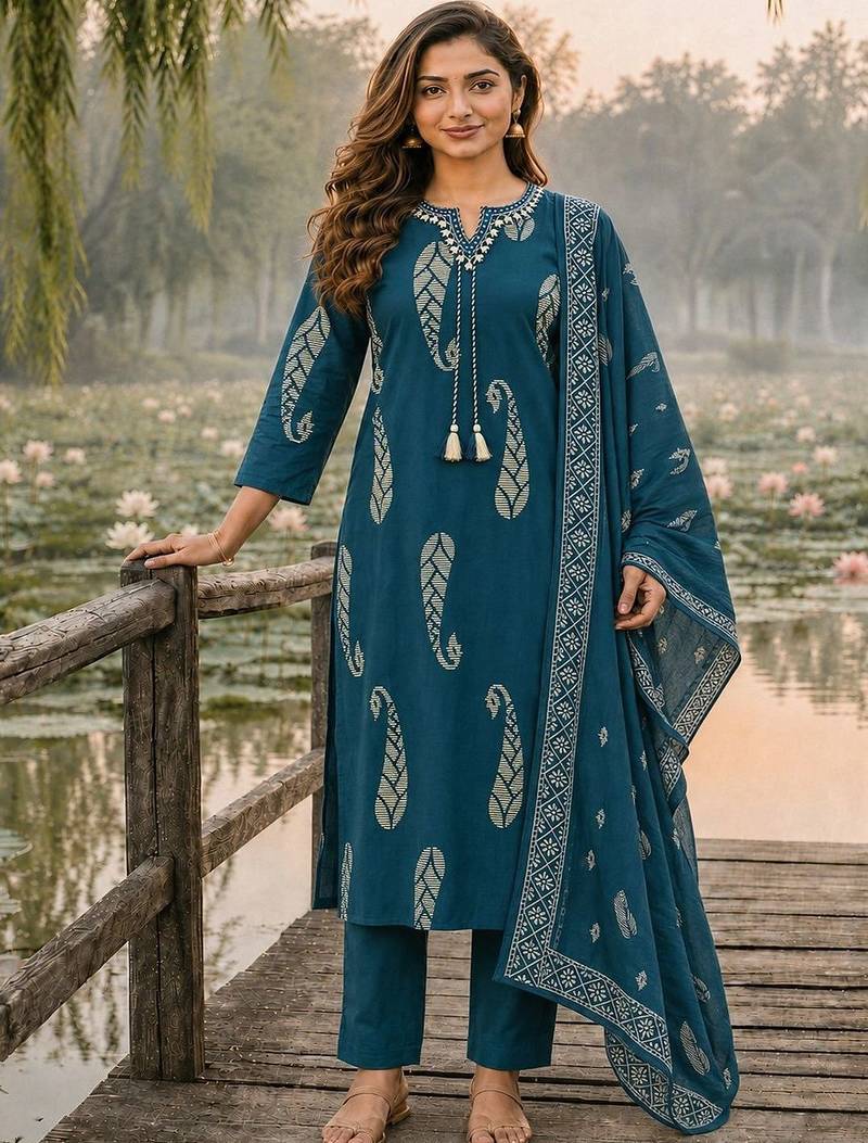 women ethnic motifs printed regular thread work  cotton kurta with trousers & with dupatta