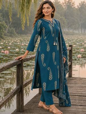 women ethnic motifs printed regular thread work  cotton kurta with trousers & with dupatta 2