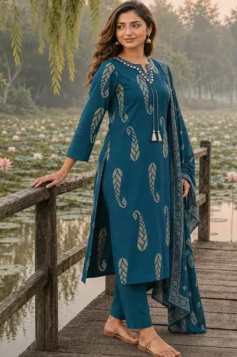women ethnic motifs printed regular thread work  cotton kurta with trousers & with dupatta