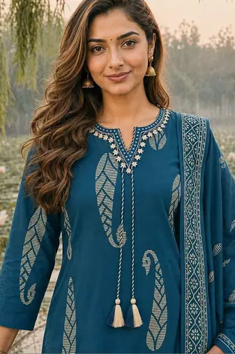 women ethnic motifs printed regular thread work  cotton kurta with trousers & with dupatta