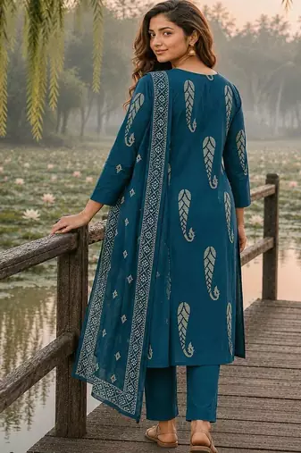 women ethnic motifs printed regular thread work  cotton kurta with trousers & with dupatta