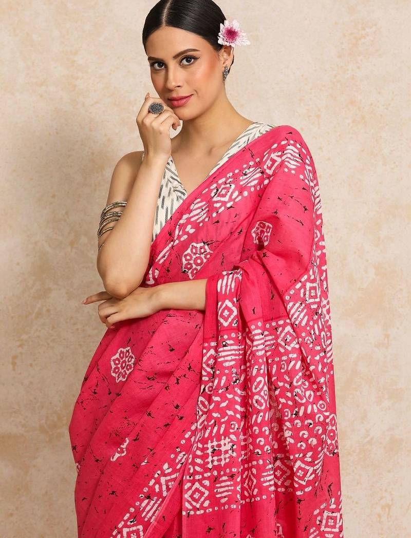 Pink batik  linen handloom saree