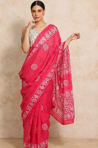 Pink batik  linen handloom saree