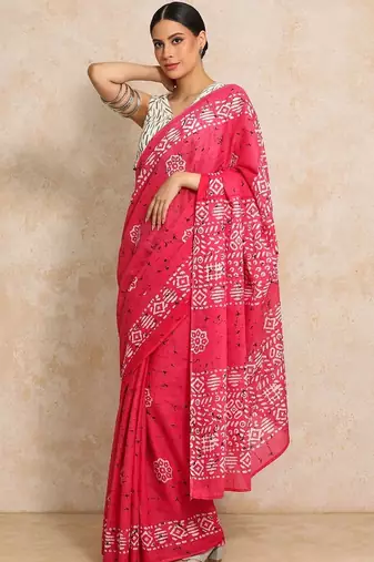 Pink batik  linen handloom saree