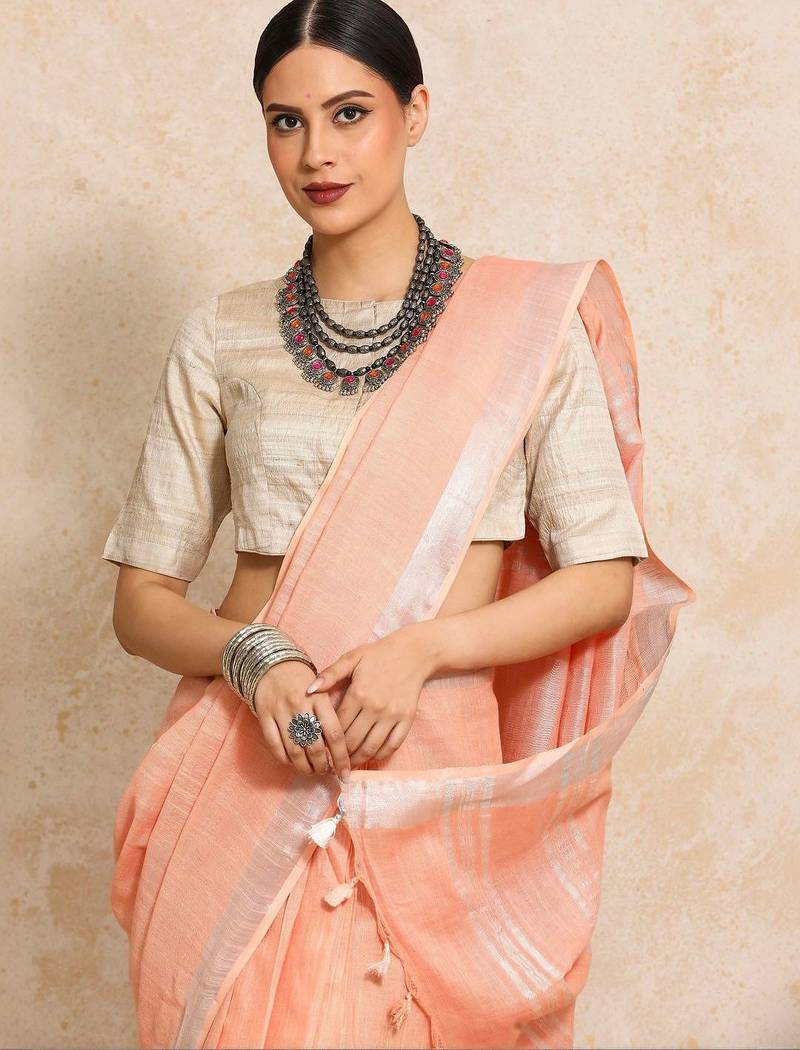 Peach woven design  cotton saree