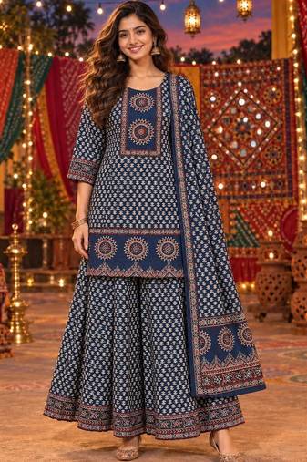 women ethnic motifs printed regular  cotton kurta with sharara & with dupatta