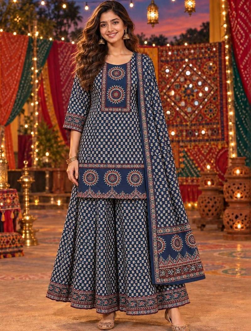women ethnic motifs printed regular  cotton kurta with sharara & with dupatta