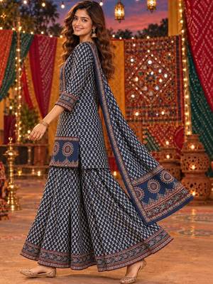 women ethnic motifs printed regular  cotton kurta with sharara & with dupatta 2