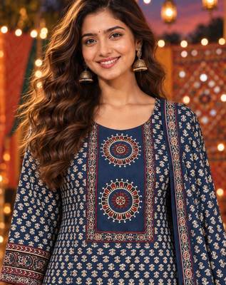 women ethnic motifs printed regular  cotton kurta with sharara & with dupatta 3