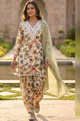 women floral printed regular mirror work kurta with patiala & with dupatta