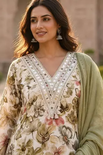 women floral printed regular mirror work kurta with patiala & with dupatta