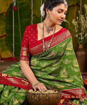 Green ethnic motifs silk blend sambalpuri saree 2