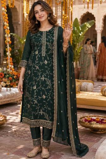 women ethnic motifs embroidered regular kurta with trousers & with dupatta