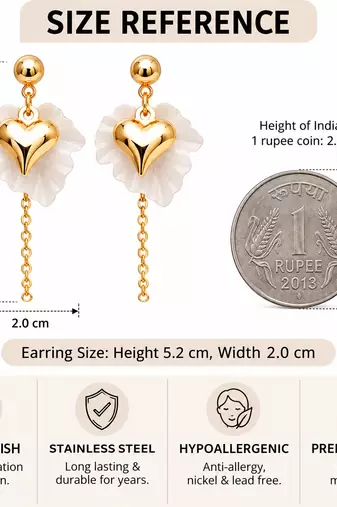 Anti-tarnish, stud back closure, dangling chain, puffy heart charm