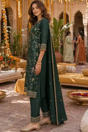 women ethnic motifs embroidered regular kurta with trousers & with dupatta