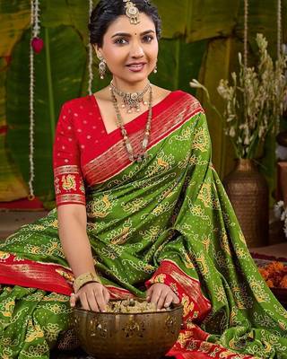 Green ethnic motifs silk blend sambalpuri saree 4