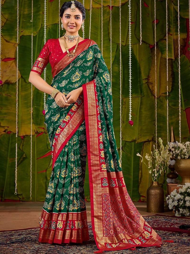 Green bandhani zari silk blend handloom sambalpuri saree