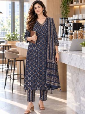 women ethnic motifs printed regular  cotton kurta with trousers & with dupatta 1