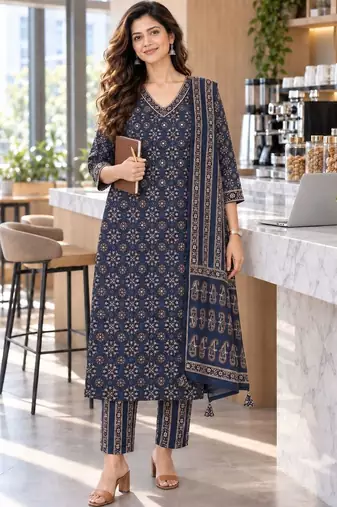 women ethnic motifs printed regular  cotton kurta with trousers & with dupatta