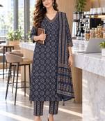 women ethnic motifs printed regular  cotton kurta with trousers & with dupatta