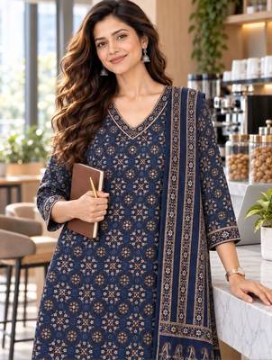 women ethnic motifs printed regular  cotton kurta with trousers & with dupatta 2