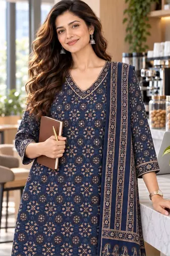 women ethnic motifs printed regular  cotton kurta with trousers & with dupatta