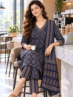 women ethnic motifs printed regular  cotton kurta with trousers & with dupatta 4