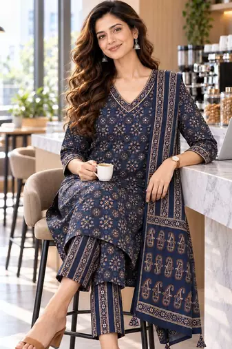 women ethnic motifs printed regular  cotton kurta with trousers & with dupatta