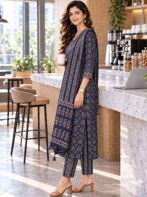 women ethnic motifs printed regular  cotton kurta with trousers & with dupatta 5