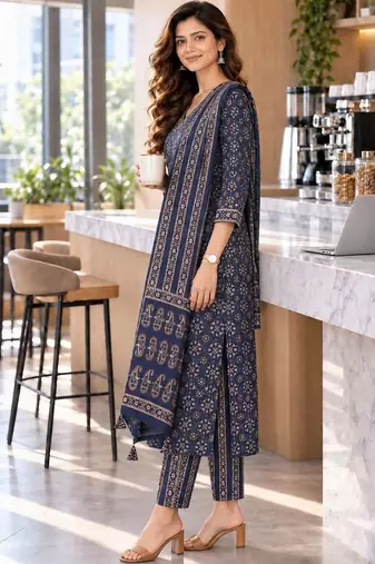 women ethnic motifs printed regular  cotton kurta with trousers & with dupatta