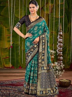 Teal ethnic motifs zari silk blend handloom sambalpuri saree 1