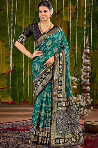 Teal ethnic motifs zari silk blend handloom sambalpuri saree