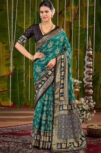 Teal ethnic motifs zari silk blend handloom sambalpuri saree