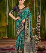 Teal ethnic motifs zari silk blend handloom sambalpuri saree
