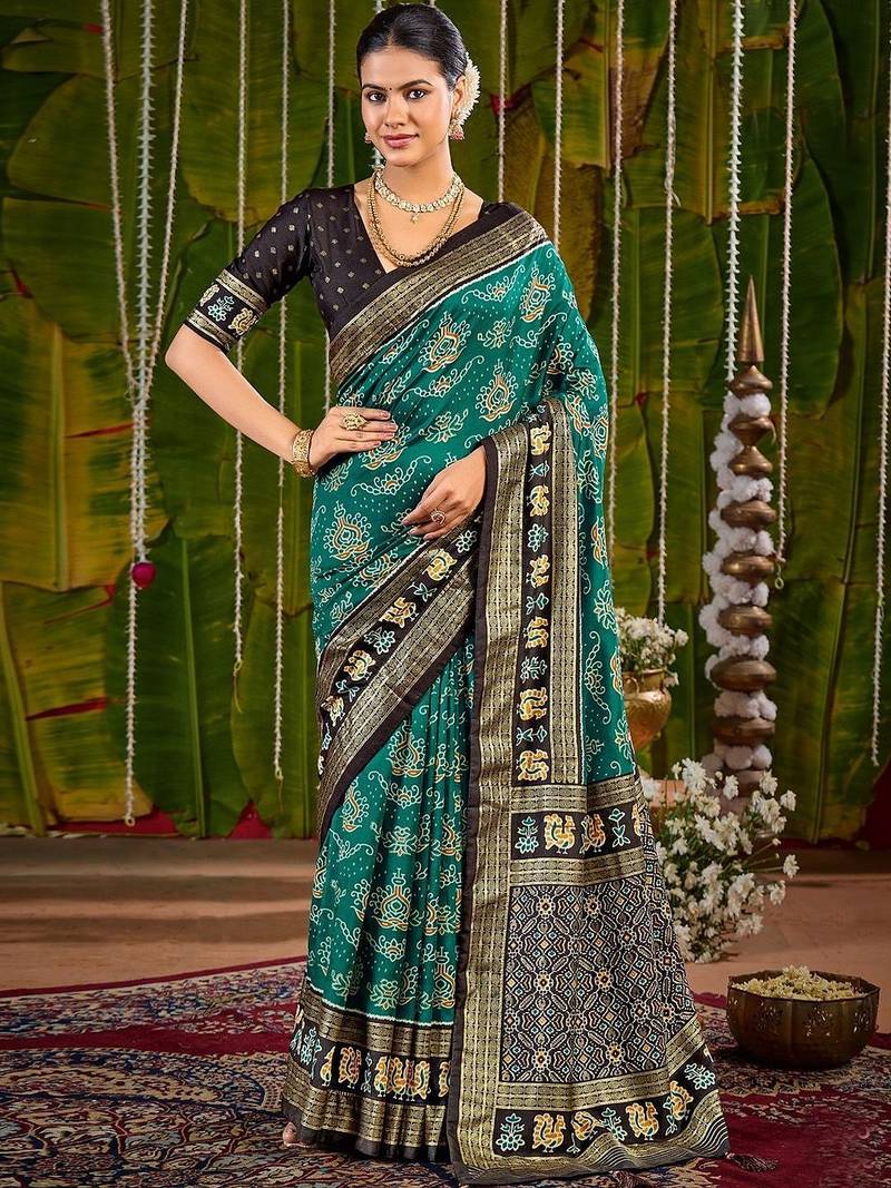 Teal ethnic motifs zari silk blend handloom sambalpuri saree
