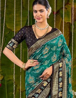 Teal ethnic motifs zari silk blend handloom sambalpuri saree 2