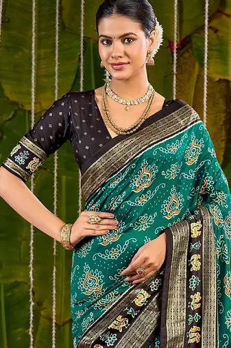 Teal ethnic motifs zari silk blend handloom sambalpuri saree