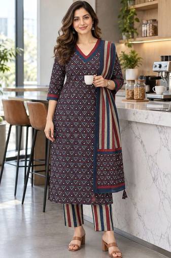 women printed regular  cotton kurta with trousers & with dupatta