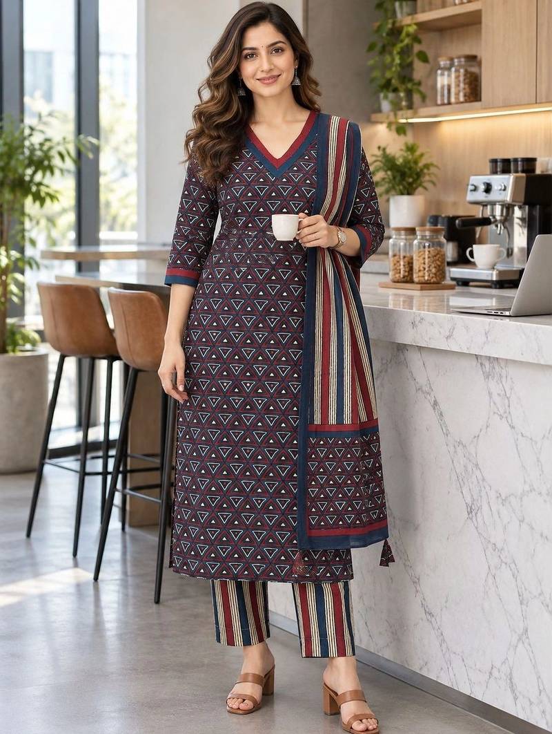 women printed regular  cotton kurta with trousers & with dupatta