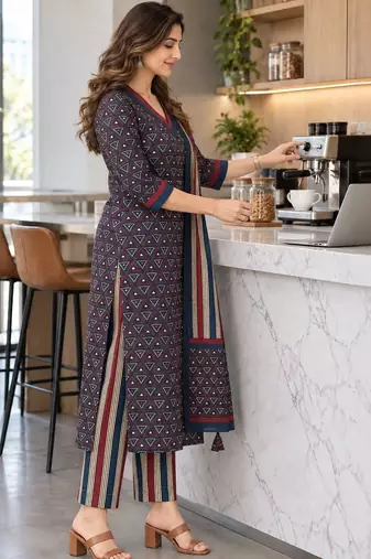 women printed regular  cotton kurta with trousers & with dupatta