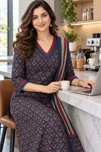 women printed regular  cotton kurta with trousers & with dupatta