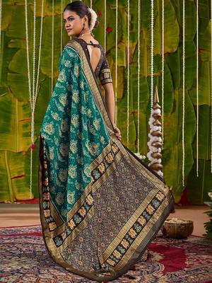 Teal ethnic motifs zari silk blend handloom sambalpuri saree 3