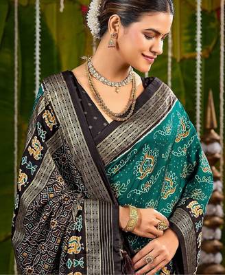 Teal ethnic motifs zari silk blend handloom sambalpuri saree 4
