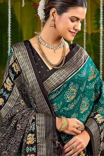 Teal ethnic motifs zari silk blend handloom sambalpuri saree