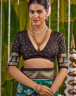 Teal ethnic motifs zari silk blend handloom sambalpuri saree 5