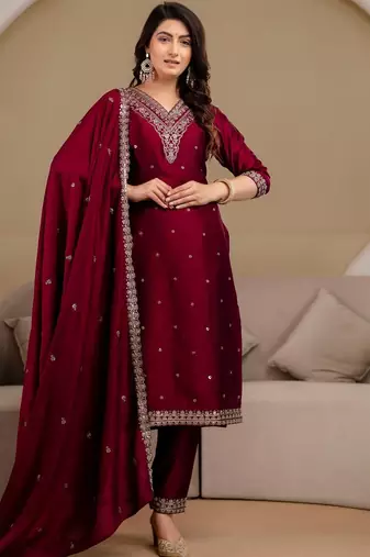 women ethnic motifs embroidered regular thread work kurta with trousers & with dupatta