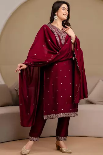 women ethnic motifs embroidered regular thread work kurta with trousers & with dupatta