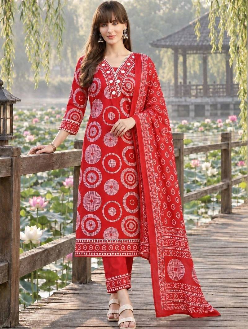 women printed regular  cotton kurta with trousers & with dupatta